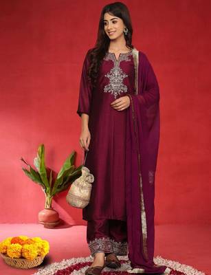 Floral Embroidered Sequinned Straight Kurta With Trousers & Dupatta 6
