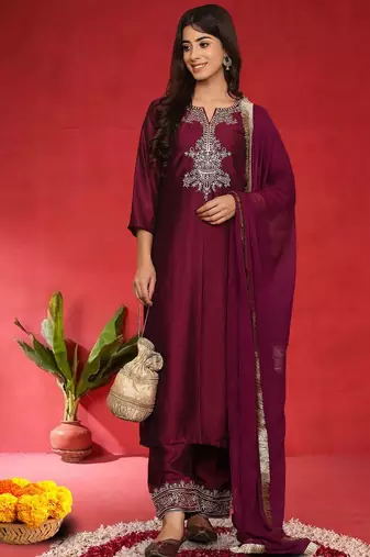 Floral Embroidered Sequinned Straight Kurta With Trousers & Dupatta