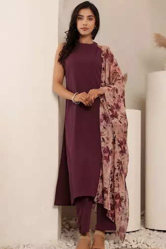 Round Neck Sleeveless Straight Kurta With Trouser And Dupatta
