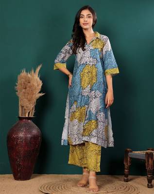 Abstract Printed Shirt Collar Straight Kurta With Trouser 2