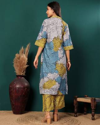 Abstract Printed Shirt Collar Straight Kurta With Trouser 5