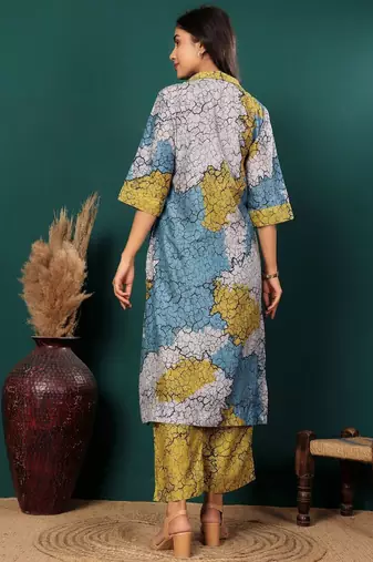 Abstract Printed Shirt Collar Straight Kurta With Trouser