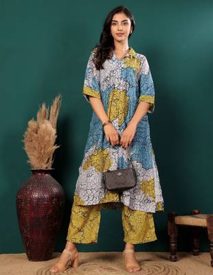 Abstract Printed Shirt Collar Straight Kurta With Trouser 6