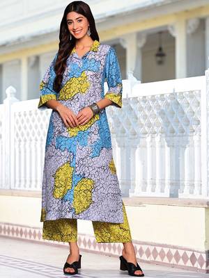 Blue Abstract Printed Cuban Collar Straight Kurta With Trousers 1