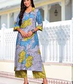 Blue Abstract Printed Cuban Collar Straight Kurta With Trousers