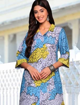Blue Abstract Printed Cuban Collar Straight Kurta With Trousers 2