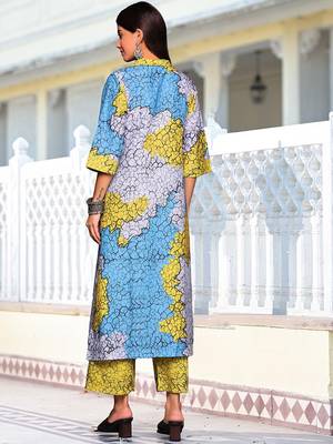 Blue Abstract Printed Cuban Collar Straight Kurta With Trousers 4
