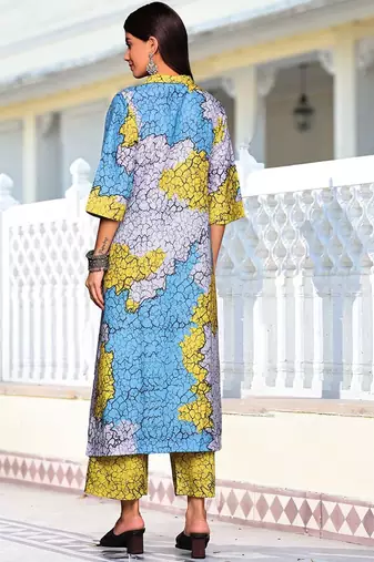 Blue Abstract Printed Cuban Collar Straight Kurta With Trousers