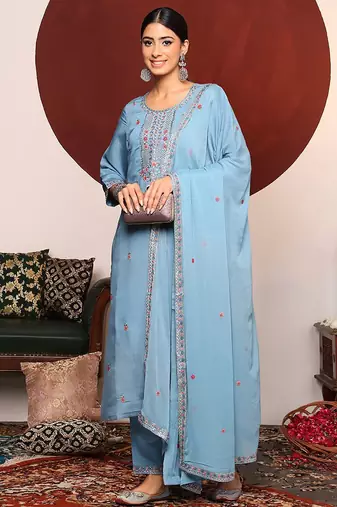Blue Floral Embroidered Sequinned Straight Kurta With Trousers & Dupatta