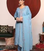 Blue Floral Embroidered Sequinned Straight Kurta With Trousers & Dupatta