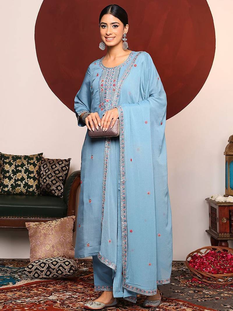 Blue Floral Embroidered Sequinned Straight Kurta With Trousers & Dupatta