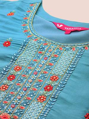 Blue Floral Embroidered Sequinned Straight Kurta With Trousers & Dupatta 2