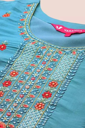 Blue Floral Embroidered Sequinned Straight Kurta With Trousers & Dupatta