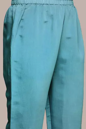 Blue Floral Embroidered Sequinned Straight Kurta With Trousers & Dupatta