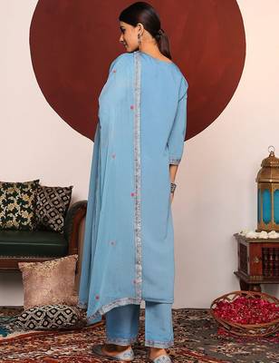 Blue Floral Embroidered Sequinned Straight Kurta With Trousers & Dupatta 4