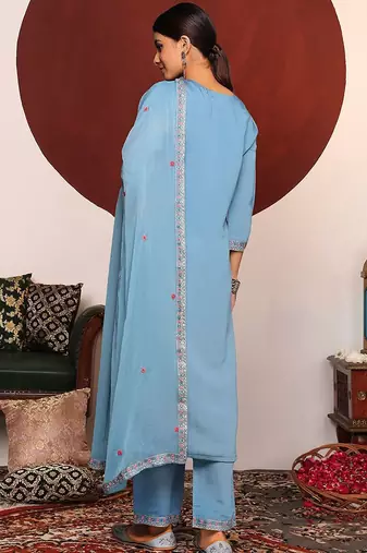Blue Floral Embroidered Sequinned Straight Kurta With Trousers & Dupatta