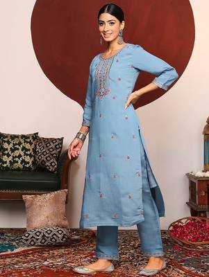Blue Floral Embroidered Sequinned Straight Kurta With Trousers & Dupatta 5