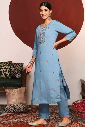 Blue Floral Embroidered Sequinned Straight Kurta With Trousers & Dupatta