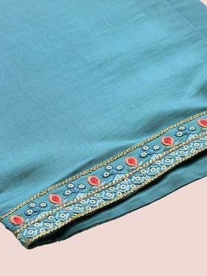 Blue Floral Embroidered Sequinned Straight Kurta With Trousers & Dupatta 6