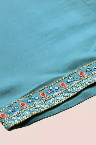Blue Floral Embroidered Sequinned Straight Kurta With Trousers & Dupatta