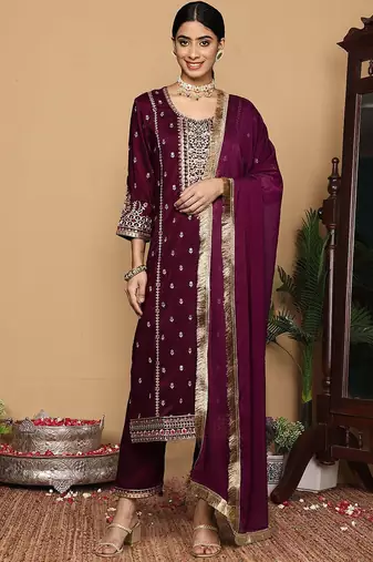 Women Ethnic Motifs Embroidered Regular Kurta with Trousers & With Dupatta