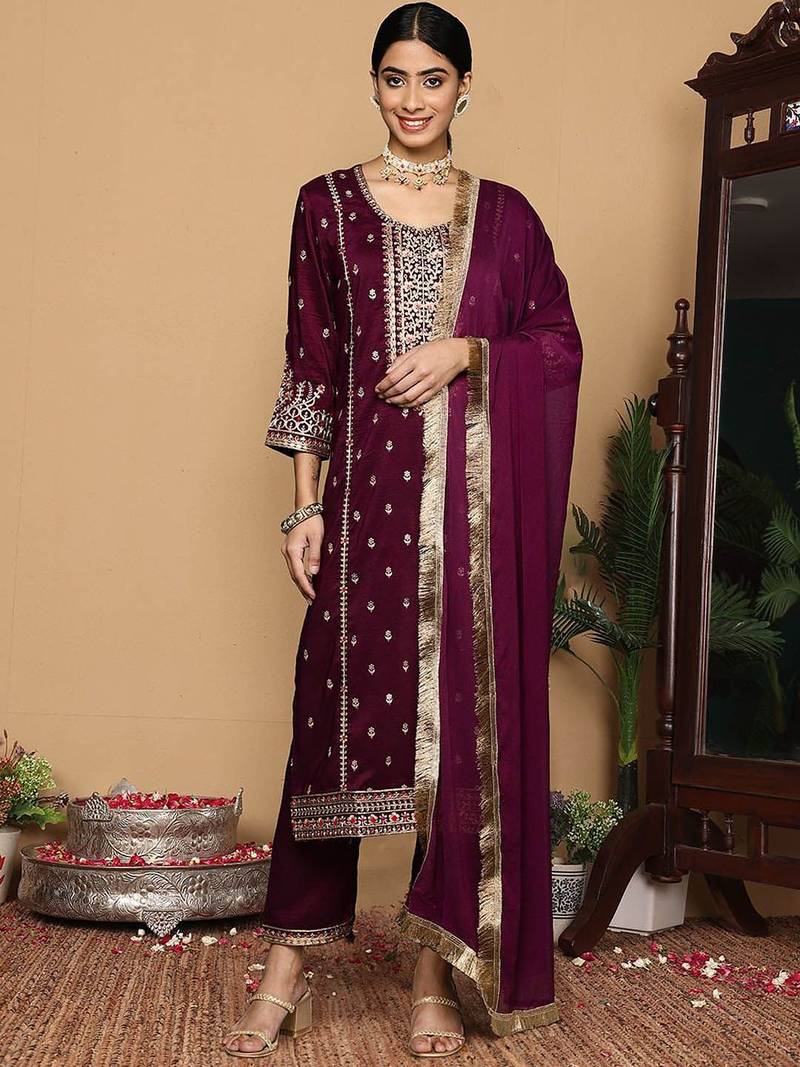 Women Ethnic Motifs Embroidered Regular Kurta with Trousers & With Dupatta