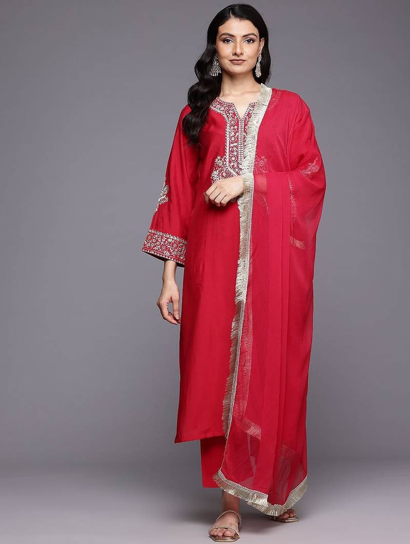 Ethnic Motifs Yoke Design Kurta With Trousers & Dupatta
