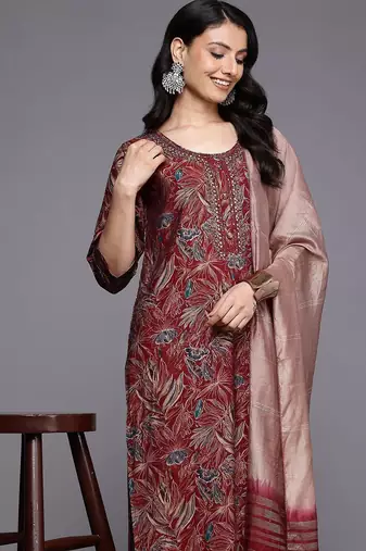 Floral Printed Zari Kurta With Trousers & Dupatta