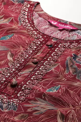 Floral Printed Zari Kurta With Trousers & Dupatta