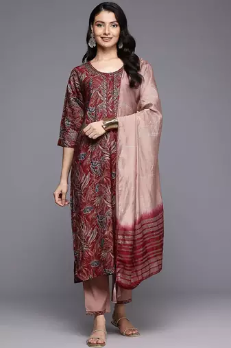 Floral Printed Zari Kurta With Trousers & Dupatta