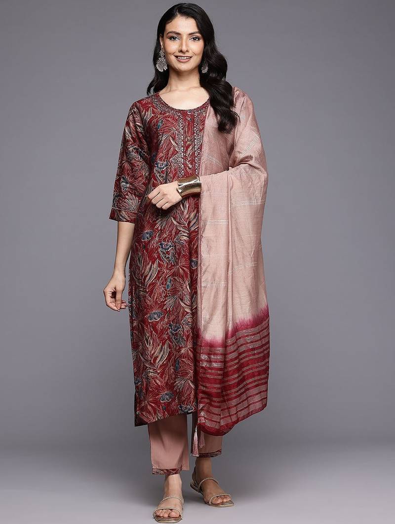 Floral Printed Zari Kurta With Trousers & Dupatta