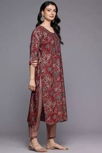 Floral Printed Zari Kurta With Trousers & Dupatta
