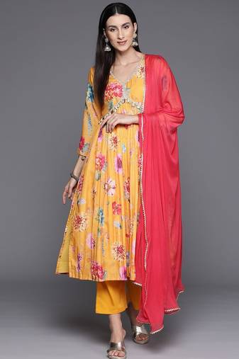 Floral Printed Empire A Line Kurta & Trousers With Dupatta