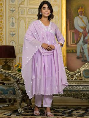 Women Floral Embroidered Beads and Stones Cotton Kurta with Trousers & Dupatta 1