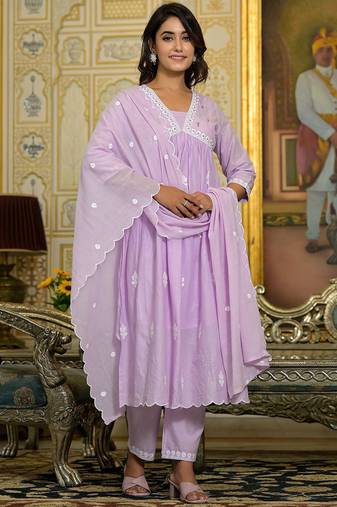 Women Floral Embroidered Beads and Stones Cotton Kurta with Trousers & Dupatta