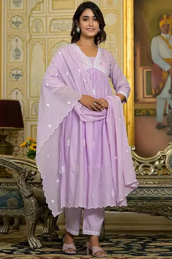 Women Floral Embroidered Beads and Stones Cotton Kurta with Trousers & Dupatta