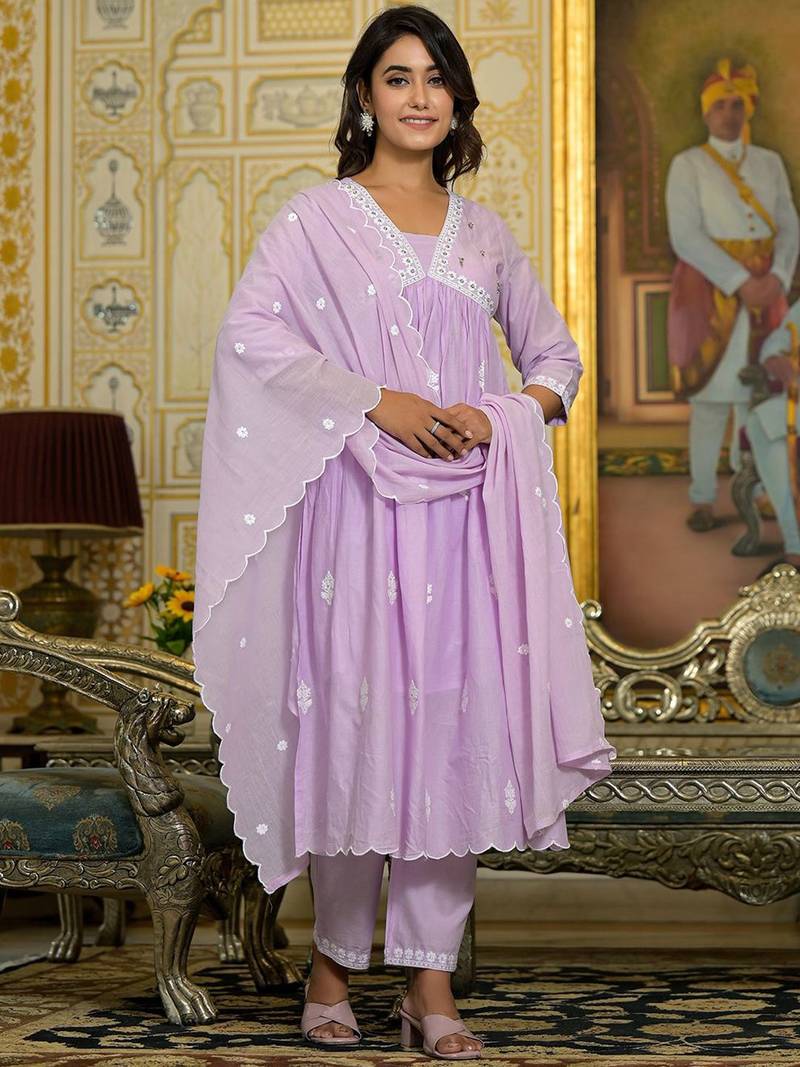 Women Floral Embroidered Beads and Stones Cotton Kurta with Trousers & Dupatta