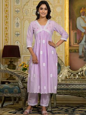 Women Floral Embroidered Beads and Stones Cotton Kurta with Trousers & Dupatta 5