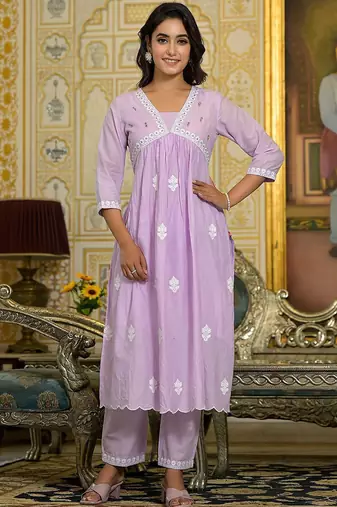Women Floral Embroidered Beads and Stones Cotton Kurta with Trousers & Dupatta
