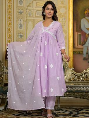 Women Floral Embroidered Beads and Stones Cotton Kurta with Trousers & Dupatta 6