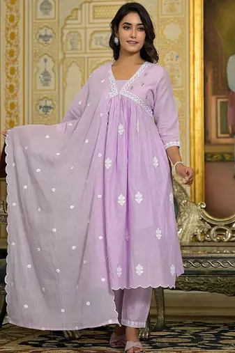 Women Floral Embroidered Beads and Stones Cotton Kurta with Trousers & Dupatta