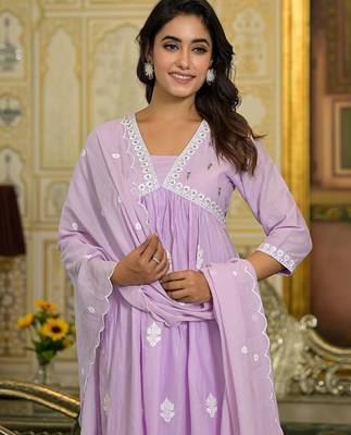 Women Floral Embroidered Beads and Stones Cotton Kurta with Trousers & Dupatta 7