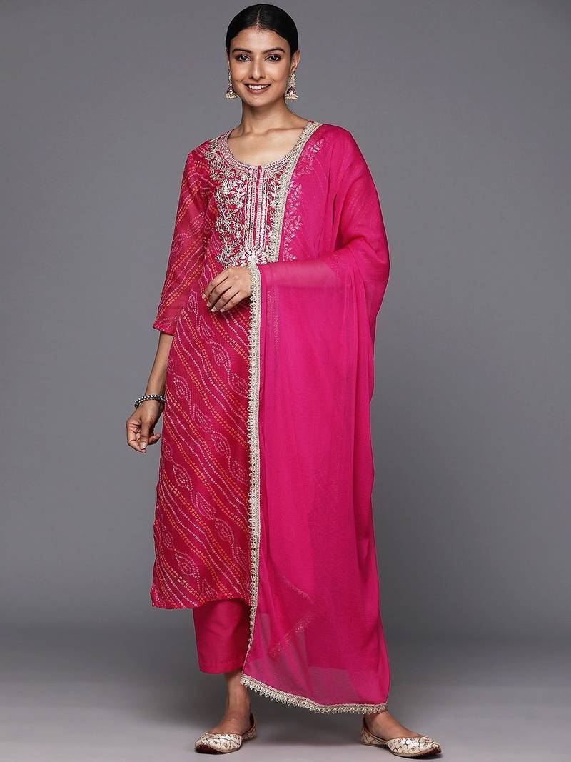 Bandhani Printed Round Neck Thread Work Straight Kurta With Trousers & Dupatta