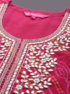 Bandhani Printed Round Neck Thread Work Straight Kurta With Trousers & Dupatta 2