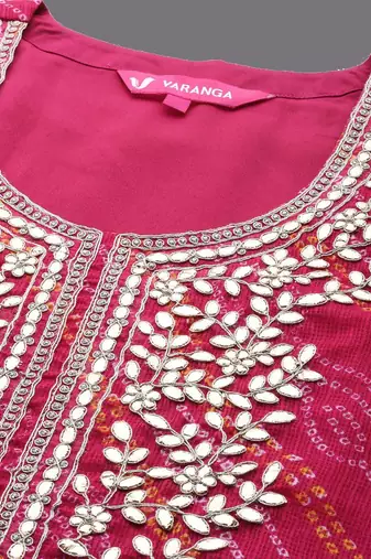 bandhani printed round neck thread work straight kurta with trousers & dupatta