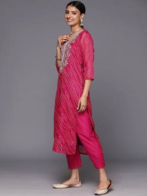 Bandhani Printed Round Neck Thread Work Straight Kurta With Trousers & Dupatta 5