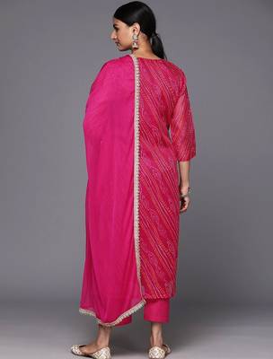 Bandhani Printed Round Neck Thread Work Straight Kurta With Trousers & Dupatta 6