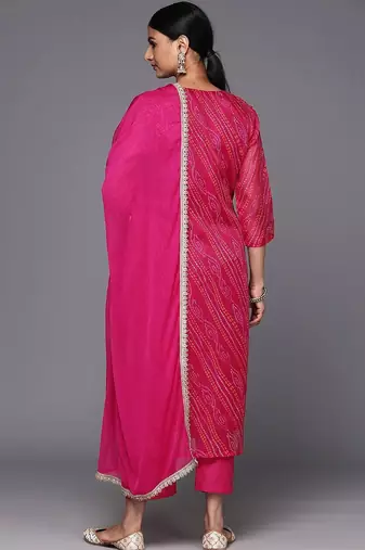 bandhani printed round neck thread work straight kurta with trousers & dupatta