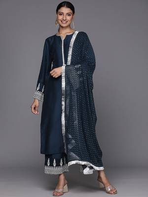 Embroidered Notch Neck Straight Kurta & Trousers With Dupatta 1