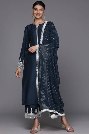 Embroidered Notch Neck Straight Kurta & Trousers With Dupatta